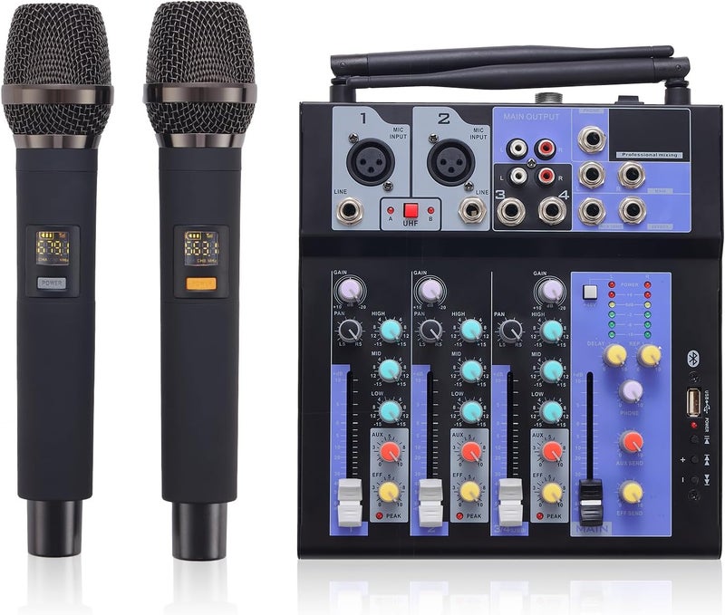 SIKUING Professional Audio Mixer with Dual Wireless Mic, 4 Channel Mixer Board Sound Board DJ Mixer Console System MP3 Bluetooth 48V Phantom Power USB Interface for Home Karaoke Party - Image 1